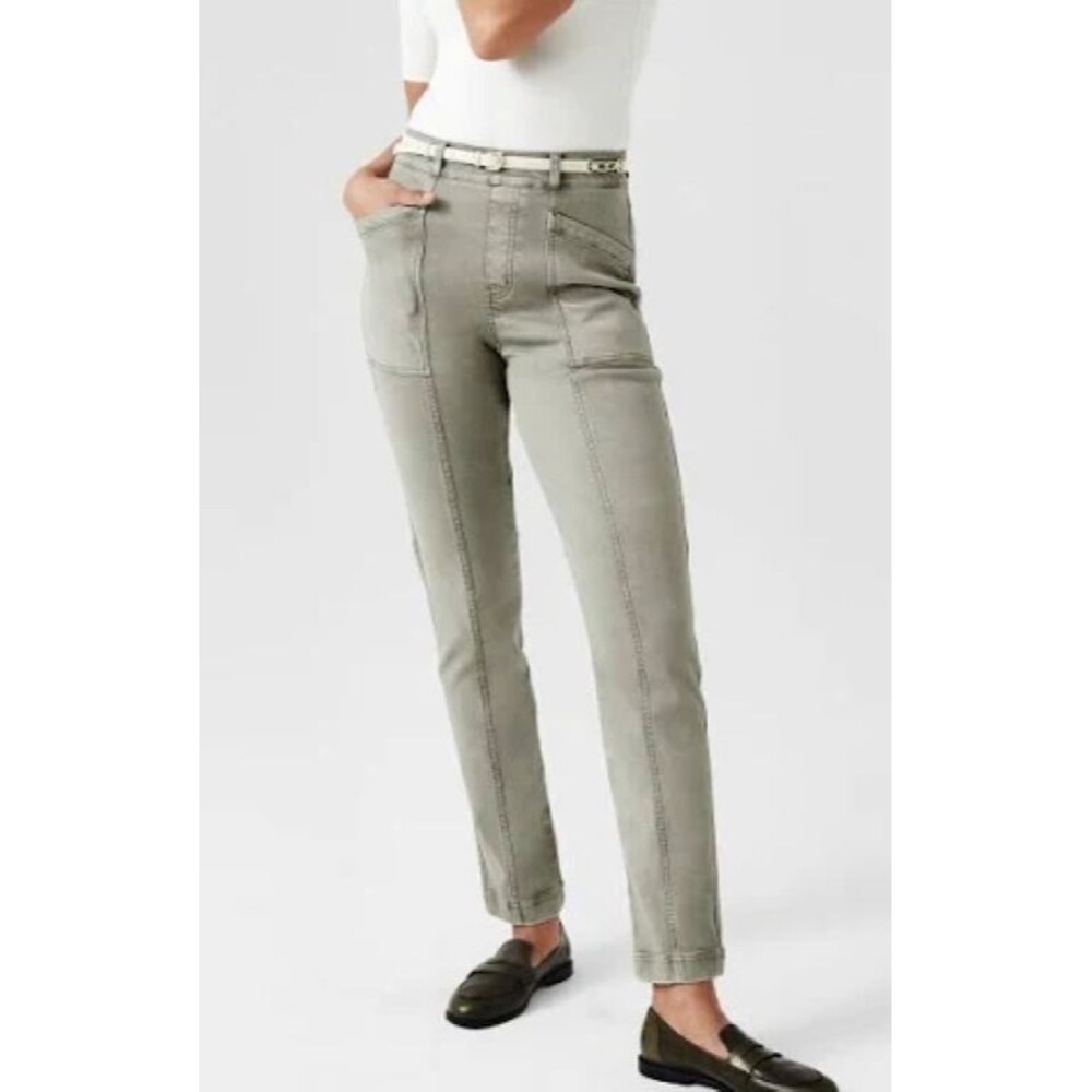 SPANX Stretch Twill Straight Leg Pants in Medium Pale Olive Green Pockets Seams